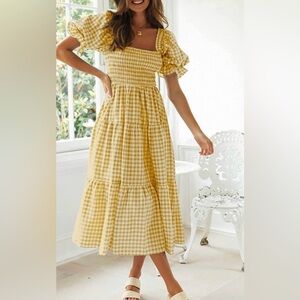 Chic Yellow Gingham Midi Dress